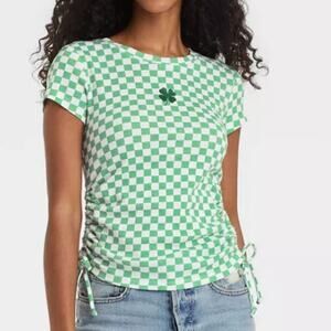 Mighty Fine Green Check St Patricks Day T-Shirt Womens XS Adjustable Tie Ruched